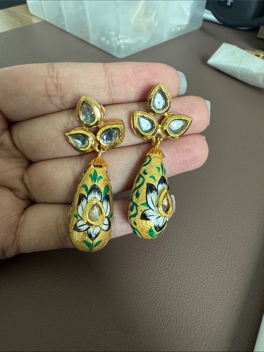 Hand-Painted Yellow Floral Drop Earrings with Gold Accents